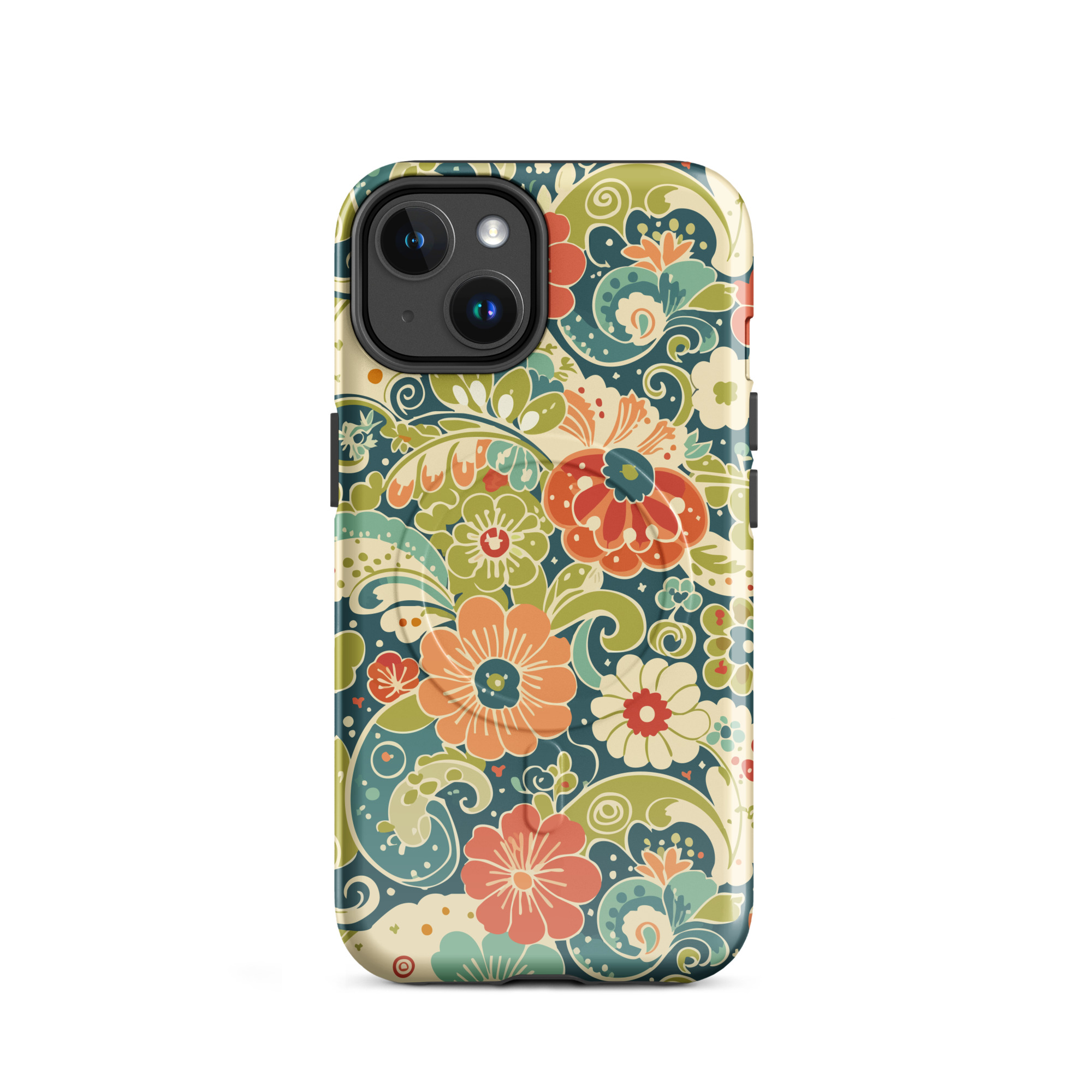 Retro Floral MagSafe® iPhone Case | Teal Boho Flower Pattern Protective Phone Cover - Image 2