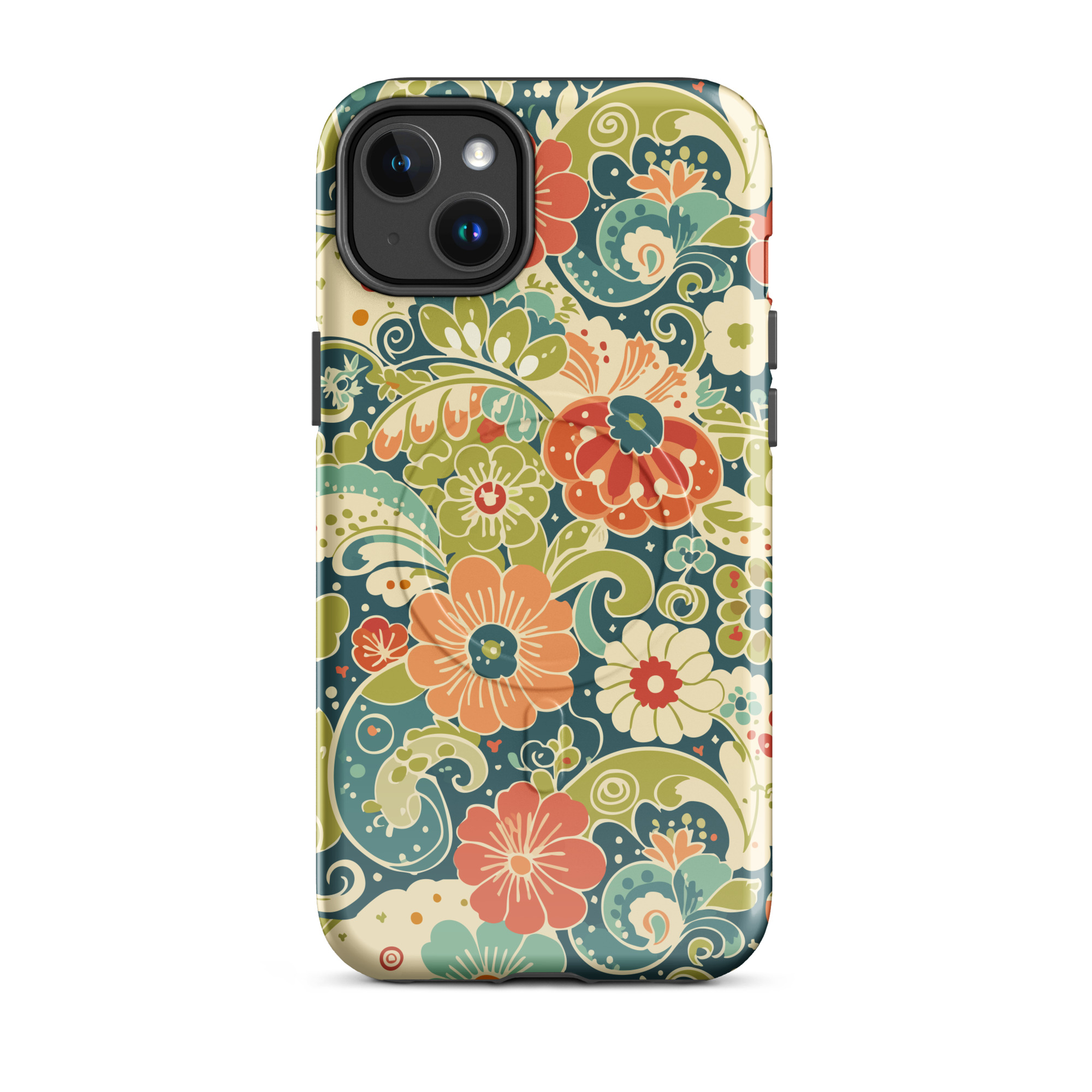 Retro Floral MagSafe® iPhone Case | Teal Boho Flower Pattern Protective Phone Cover - Image 3