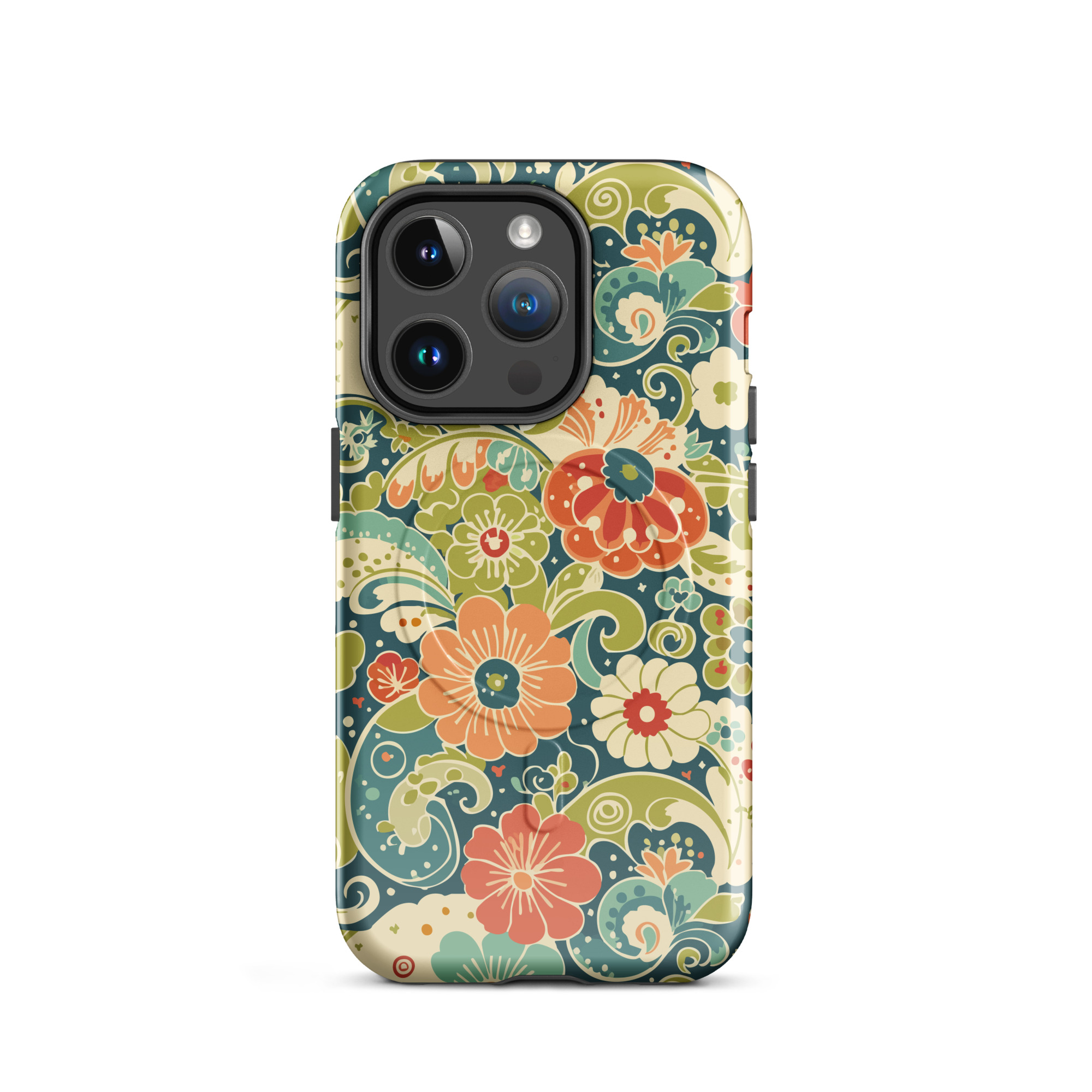 Retro Floral MagSafe® iPhone Case | Teal Boho Flower Pattern Protective Phone Cover - Image 4