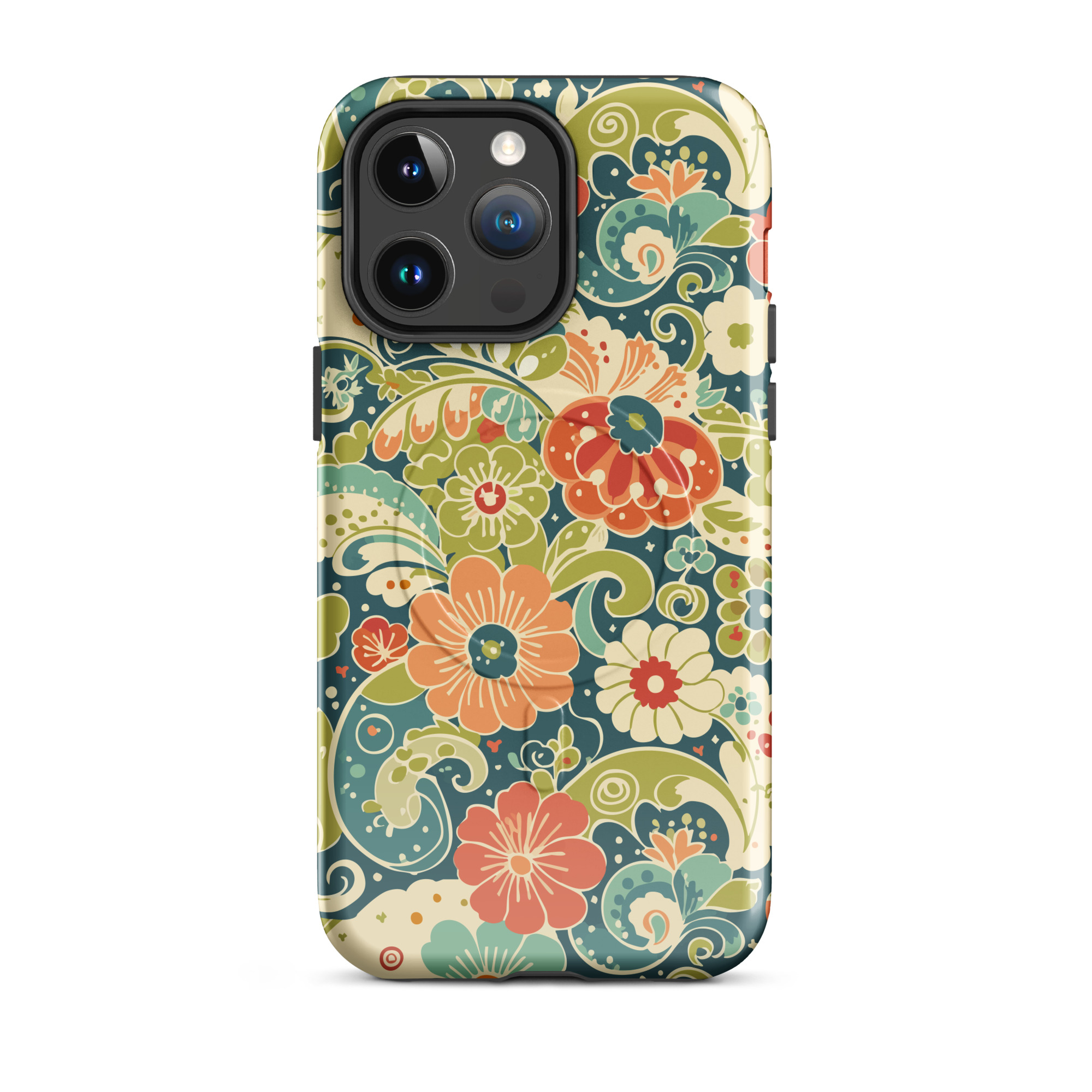 Retro Floral MagSafe® iPhone Case | Teal Boho Flower Pattern Protective Phone Cover - Image 5