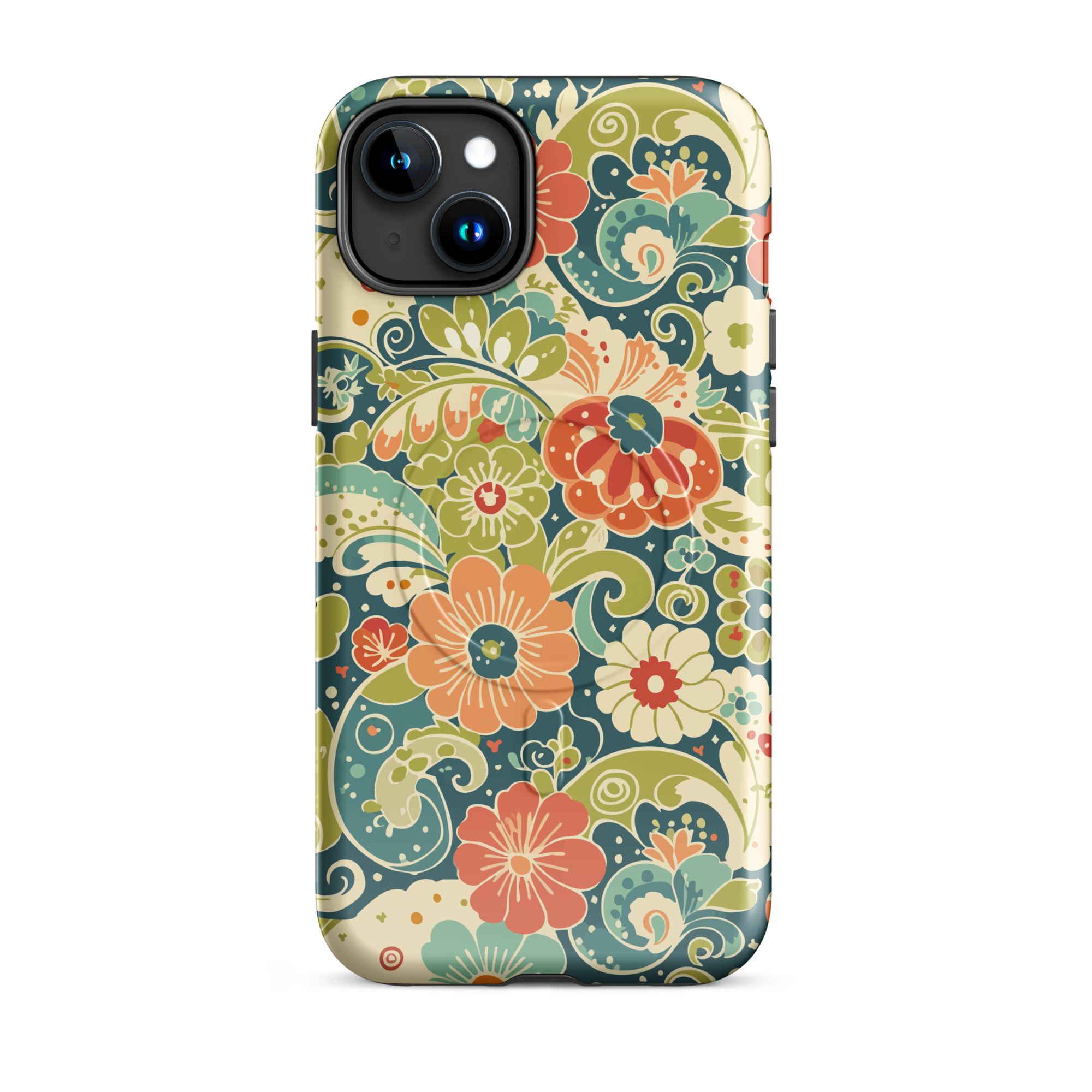Retro Floral MagSafe® iPhone Case | Teal Boho Flower Pattern Protective Phone Cover - Image 6