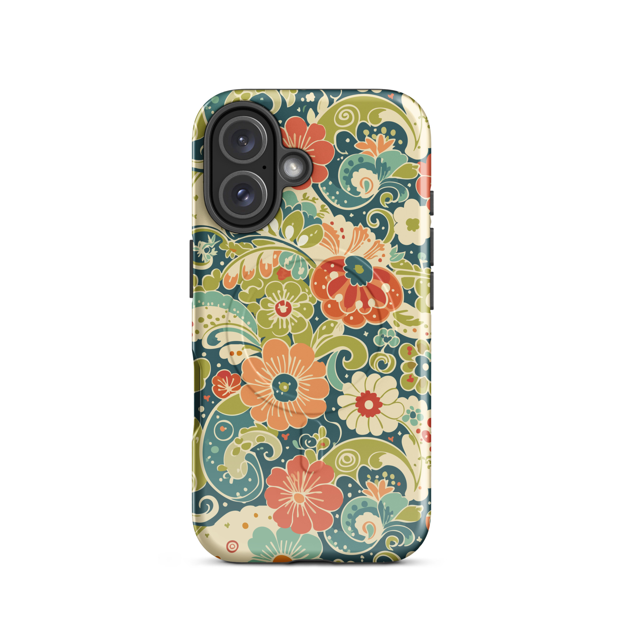 Retro Floral MagSafe® iPhone Case | Teal Boho Flower Pattern Protective Phone Cover - Image 9