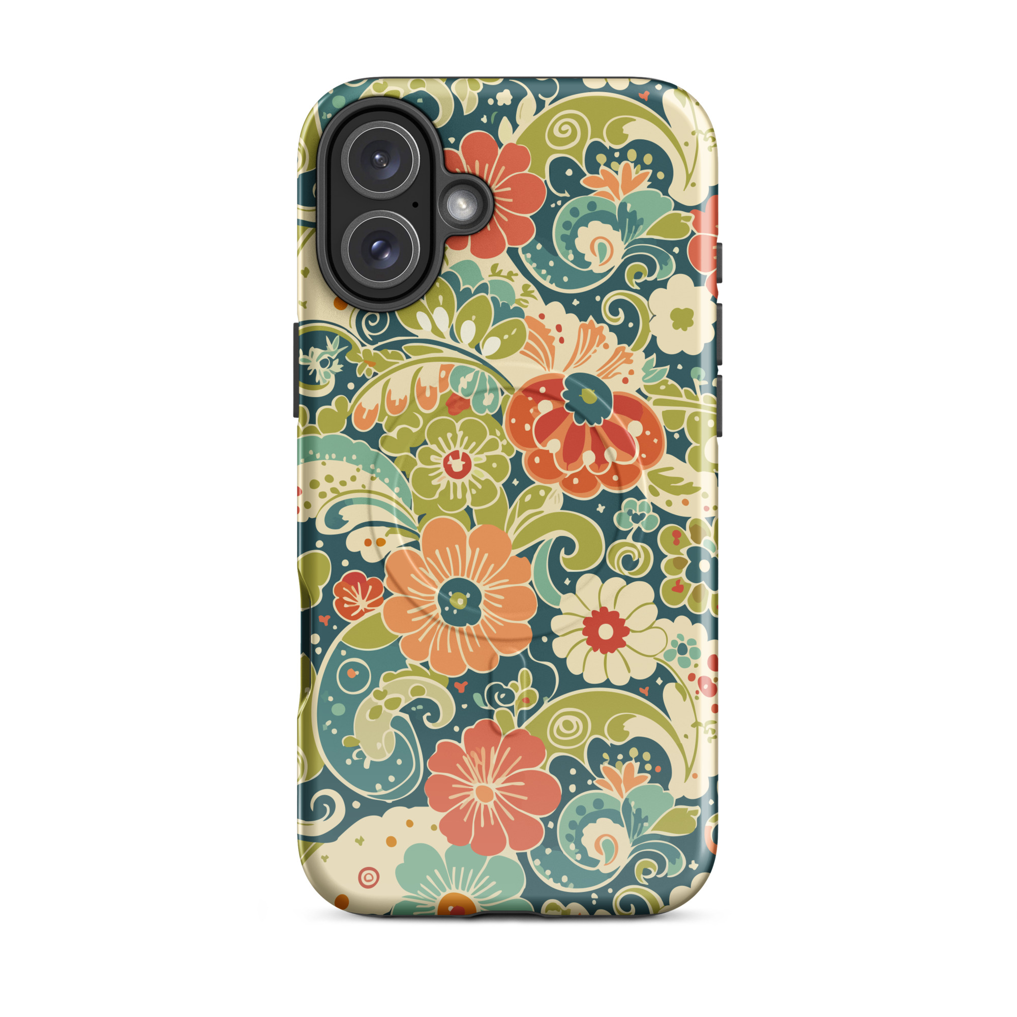 Retro Floral MagSafe® iPhone Case | Teal Boho Flower Pattern Protective Phone Cover - Image 10