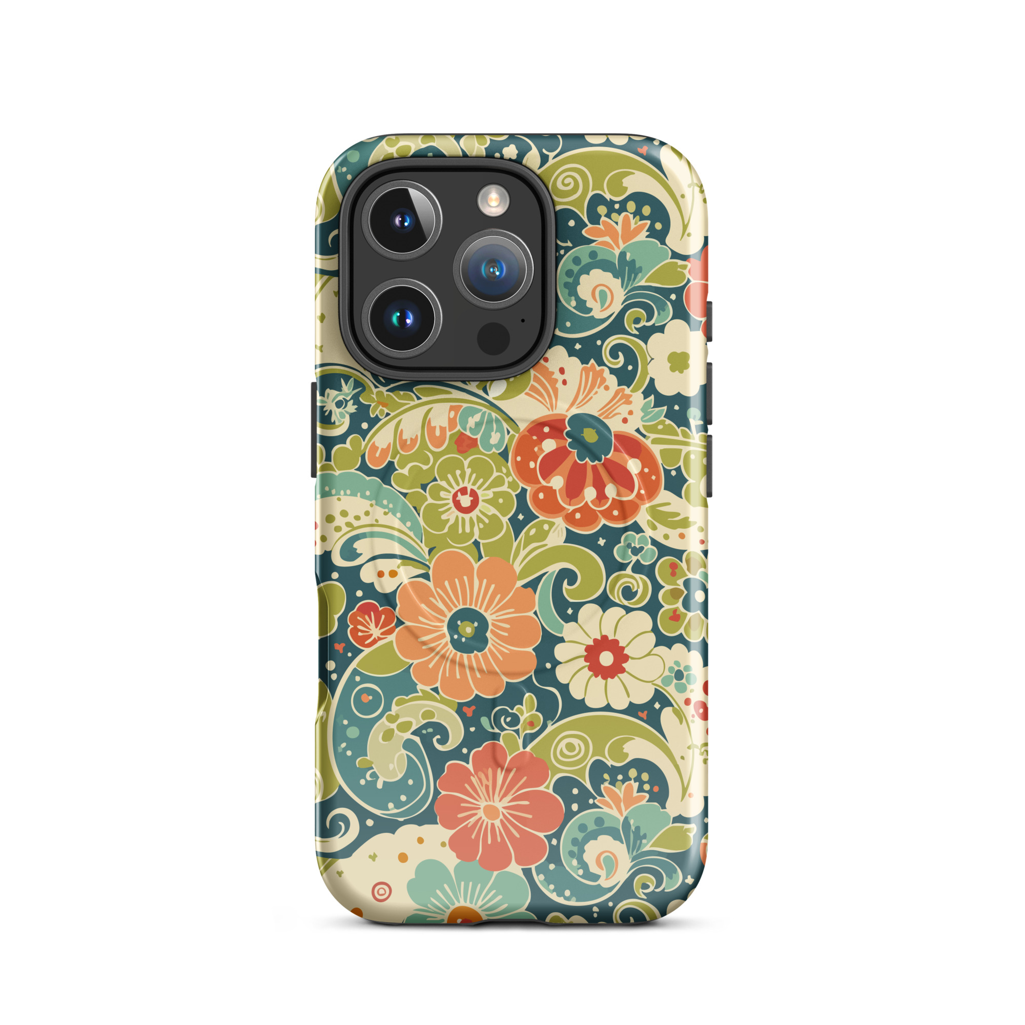 Retro Floral MagSafe® iPhone Case | Teal Boho Flower Pattern Protective Phone Cover - Image 11