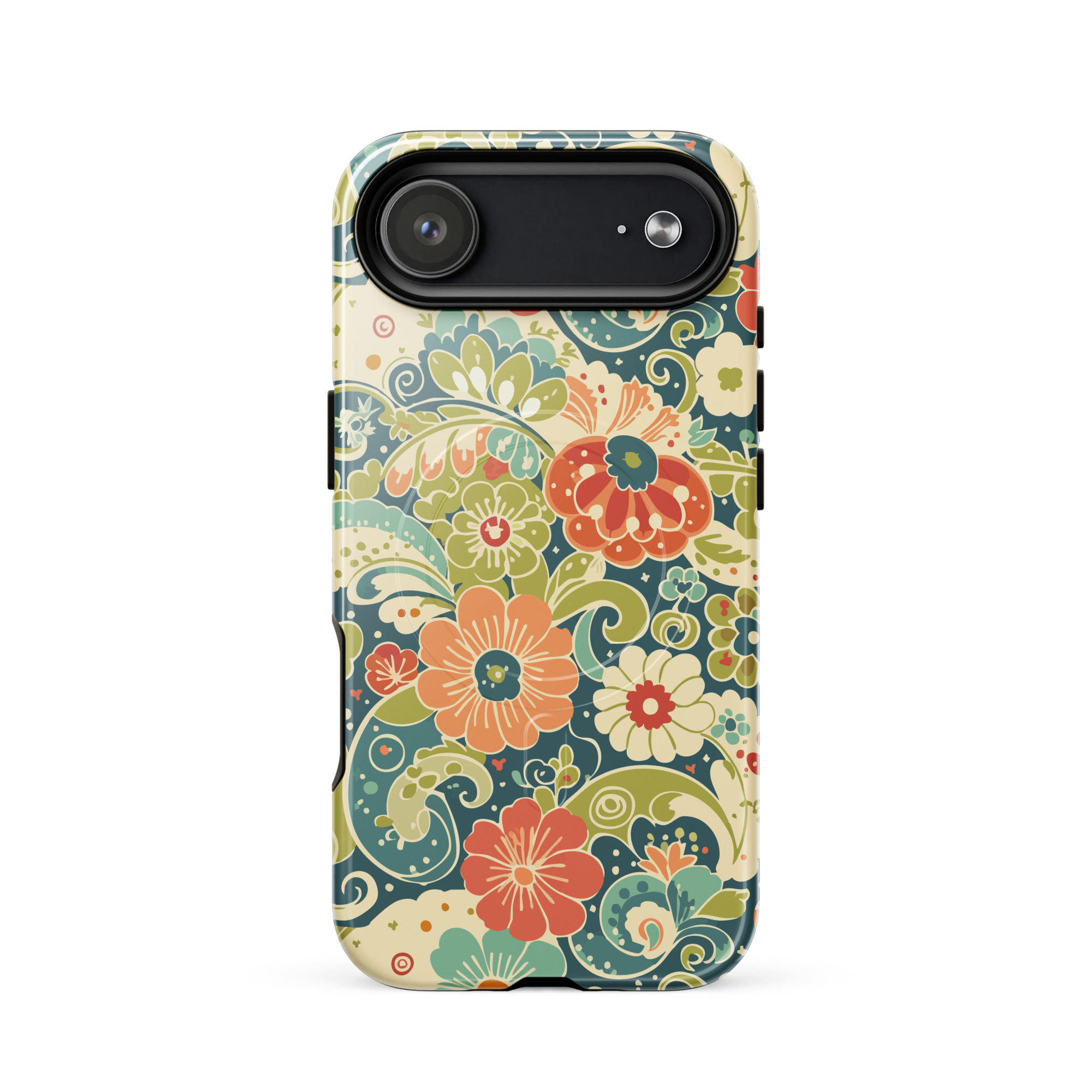 Retro Floral MagSafe® iPhone Case | Teal Boho Flower Pattern Protective Phone Cover - Image 14