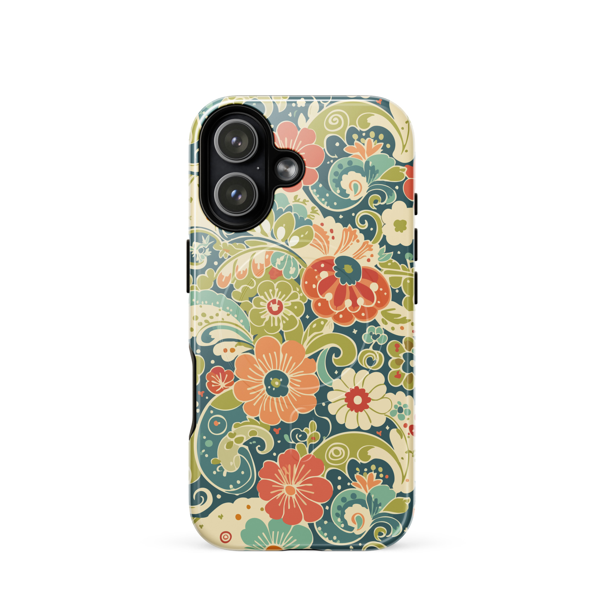 Retro Floral MagSafe® iPhone Case | Teal Boho Flower Pattern Protective Phone Cover - Image 13