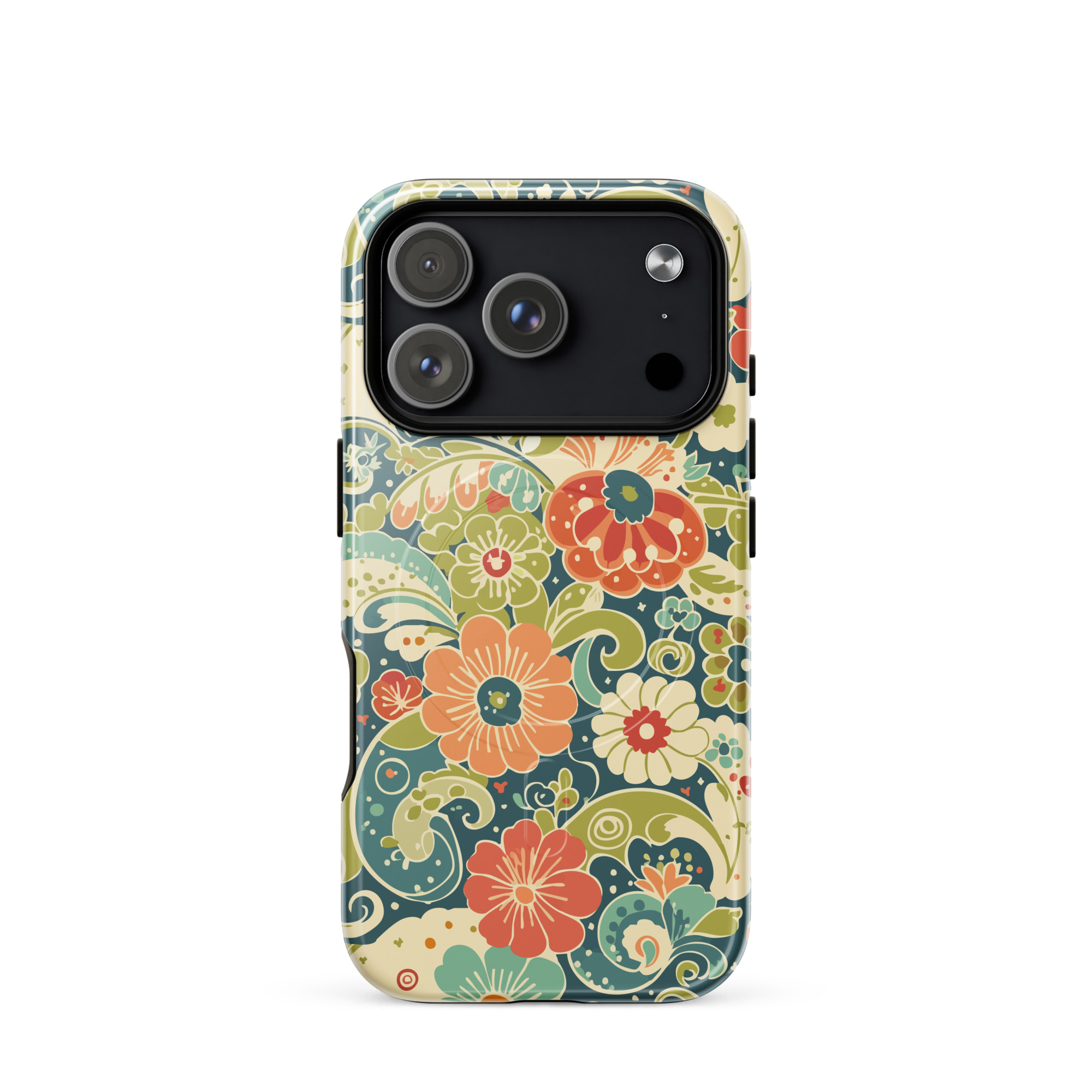 Retro Floral MagSafe® iPhone Case | Teal Boho Flower Pattern Protective Phone Cover - Image 15
