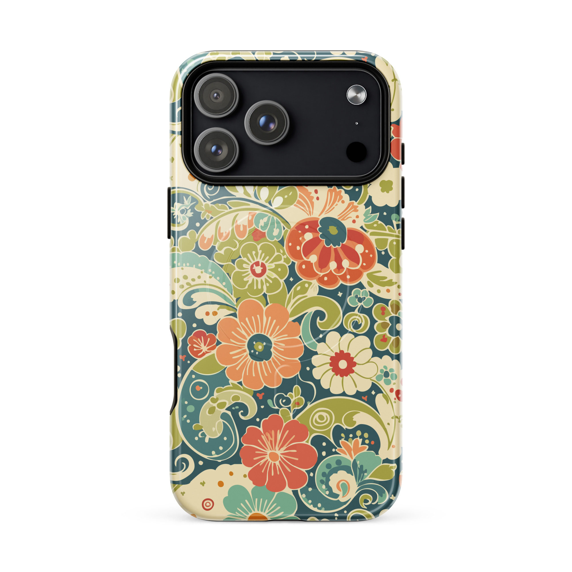 Retro Floral MagSafe® iPhone Case | Teal Boho Flower Pattern Protective Phone Cover - Image 16